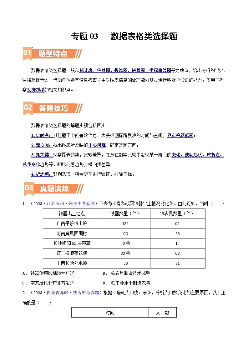 2024年中考历史二轮热点题型归纳与变式演练（全国通用）-专题03  数据表格类选择题（含答题技巧，题型专练100题）（原卷版+解析版）01