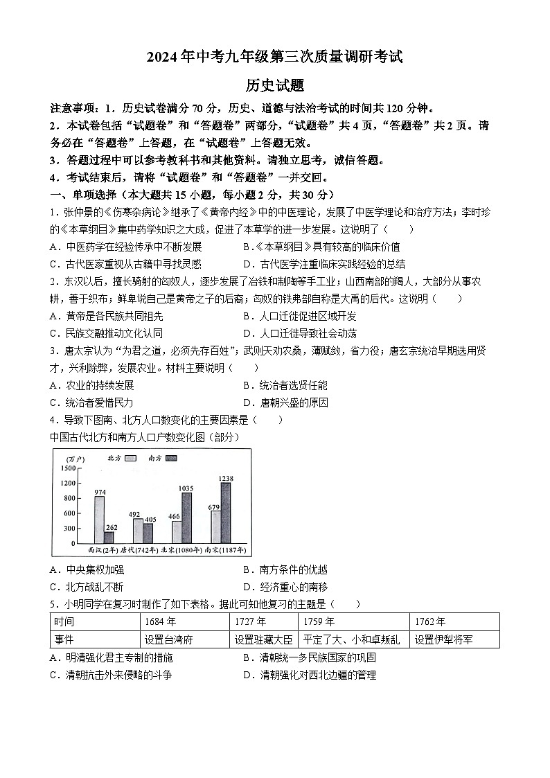 2024年安徽省淮南市凤台县部分学校联考中考三模历史试题01