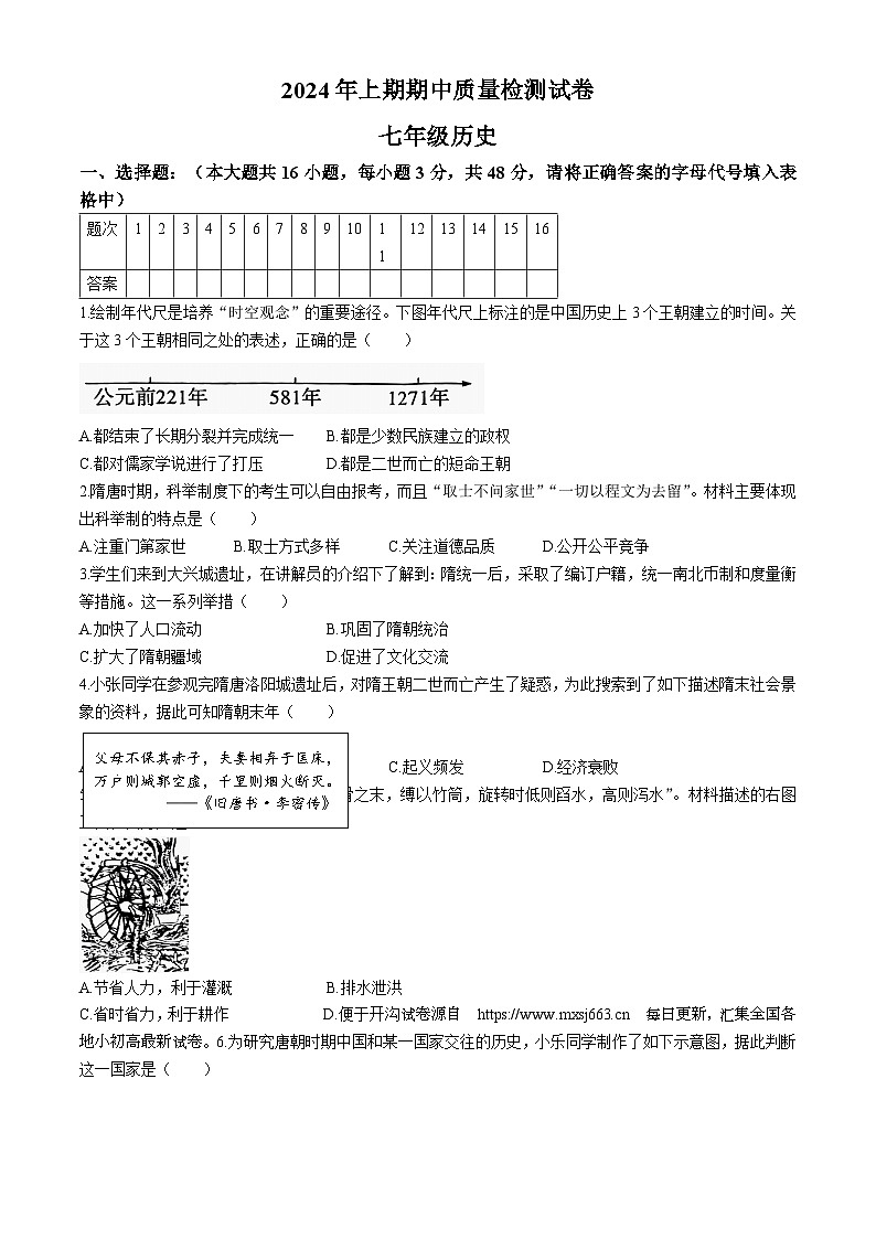 02，湖南省岳阳市临湘市第八中学2023--2024学年部编版七年级历史上学期期中质量检测试卷01