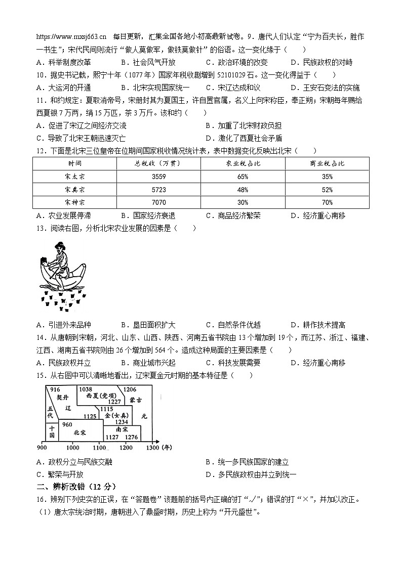 04，安徽省宿州市砀山县2023-2024学年七年级下学期期中考试历史试卷第2页