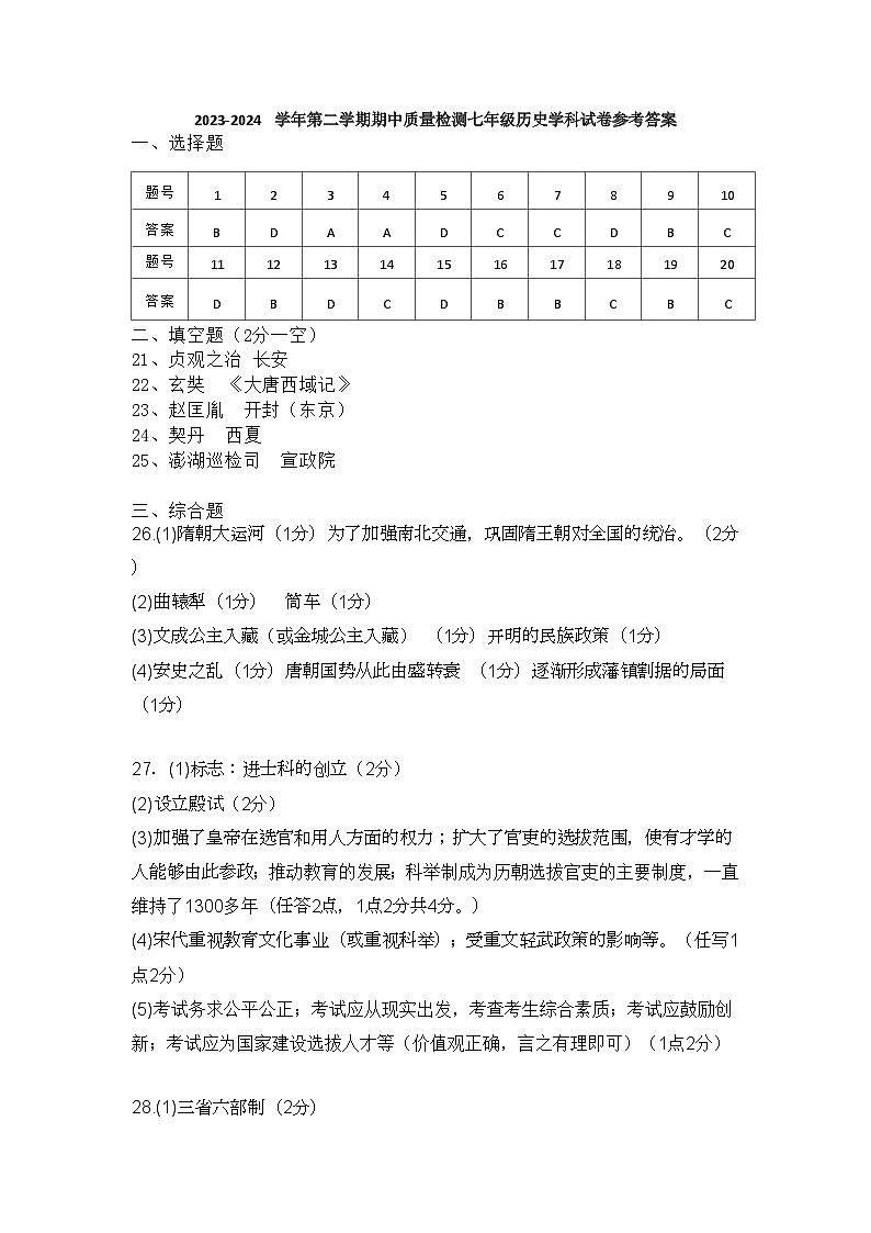 七年级历史期中答案第1页