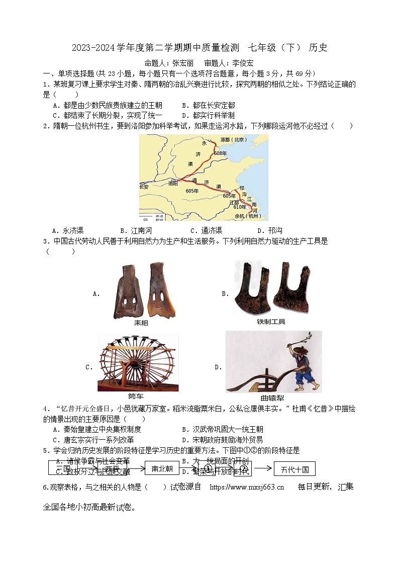 08，四川省自贡市田家炳中学2023-2024学年七年级下学期期中考试历史试题01
