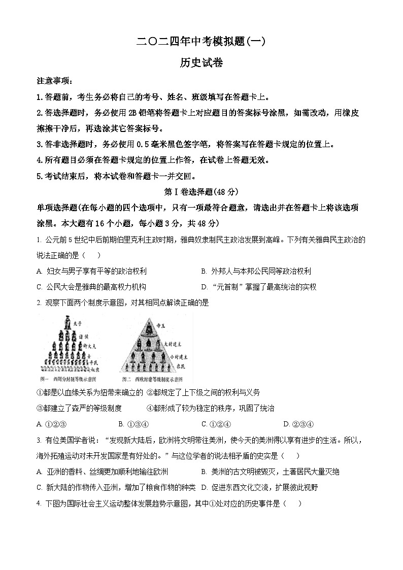 2024年四川省宜宾市江安中学中考一模历史试题（原卷版+解析版）01