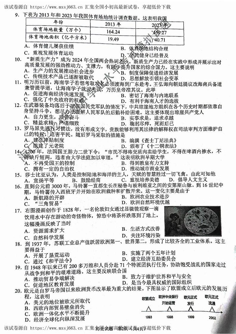 海南省海口市2024年九年级初中学业水平考试模拟历史试题02