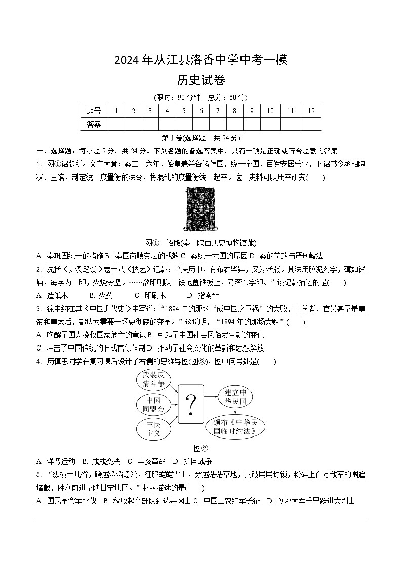 2024年贵州省黔东南苗族侗族自治州从江县洛香镇初级中学中考一模历史试题01