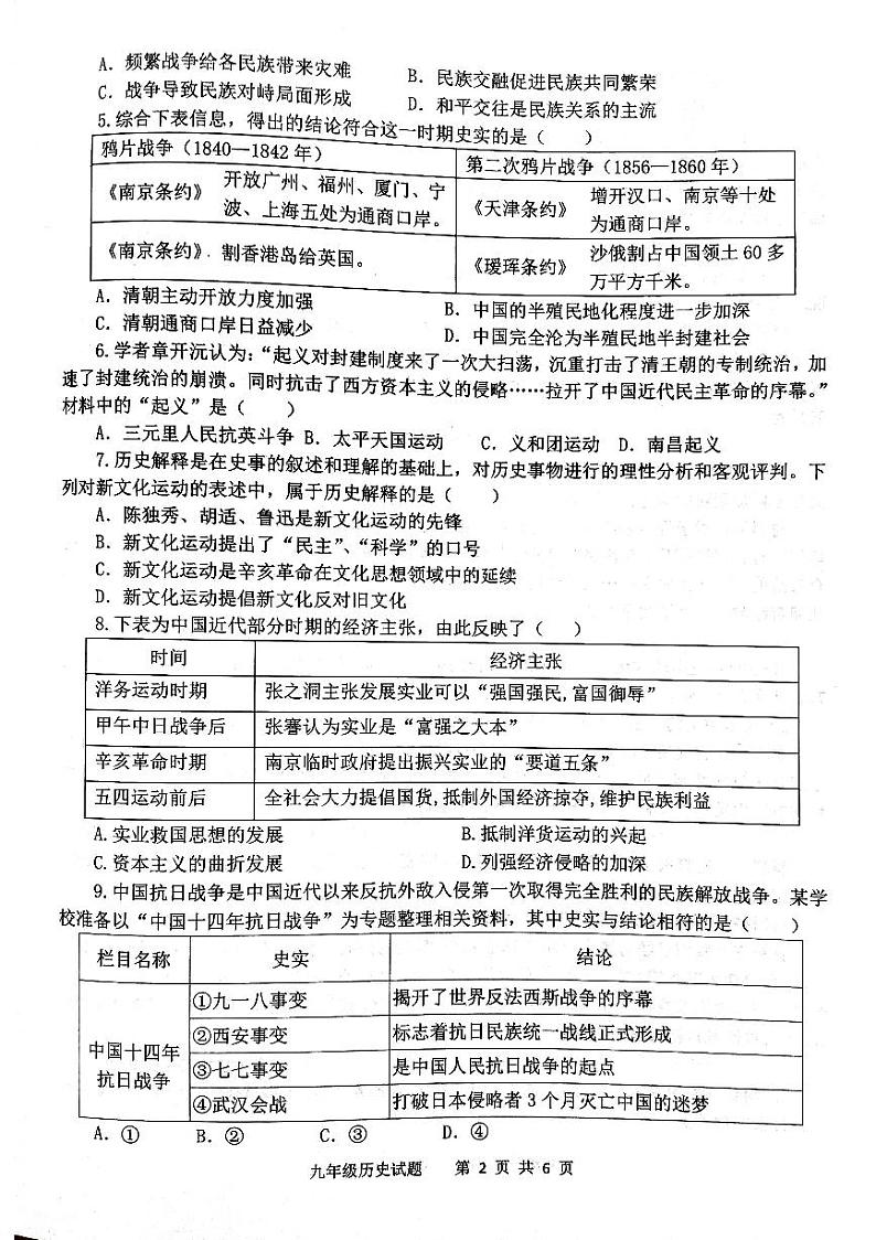 2024年山东省济宁市微山县九年级一模历史试题02