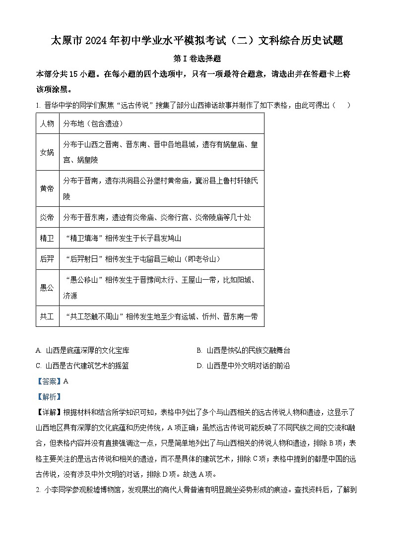 2024年山西省太原市中考二模历史试题（原卷版+解析版）01