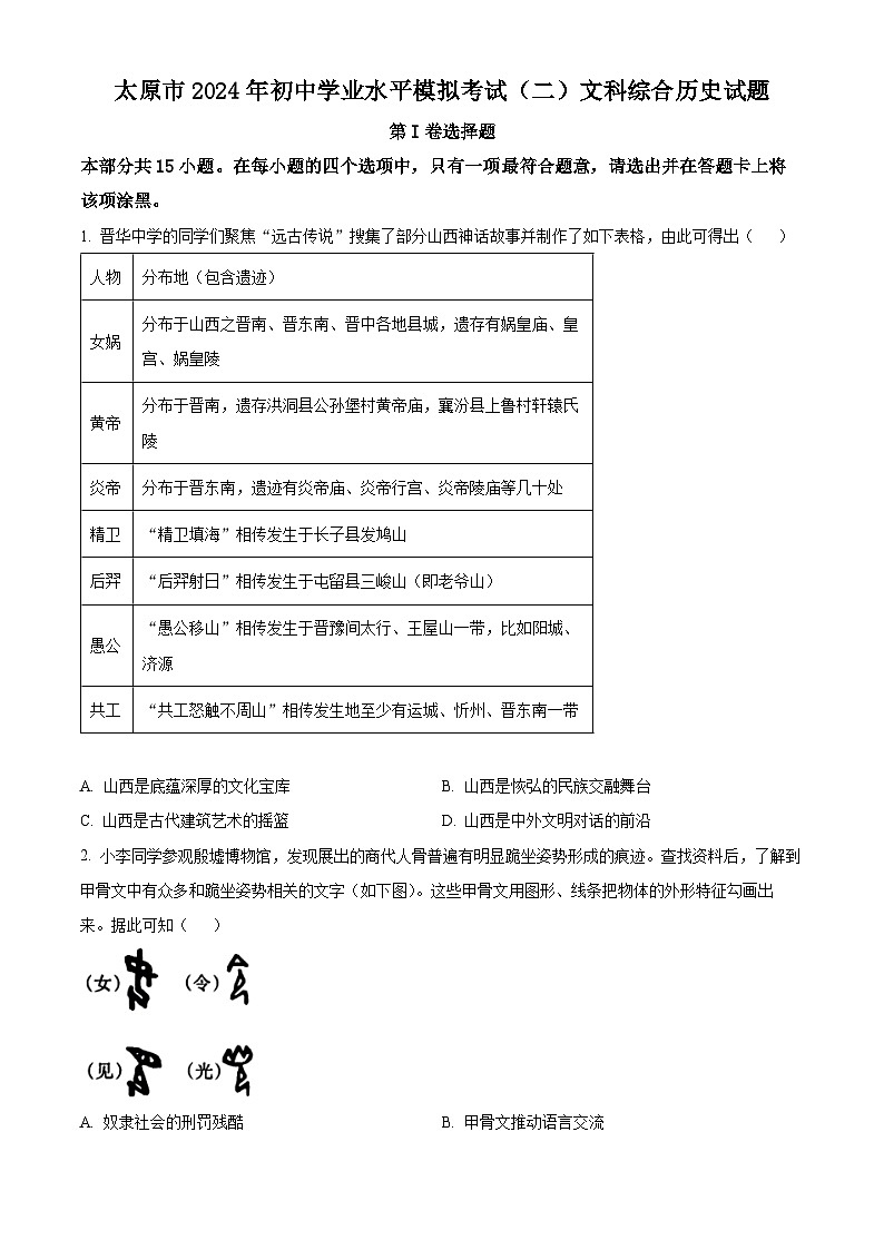 2024年山西省太原市中考二模历史试题（原卷版+解析版）01