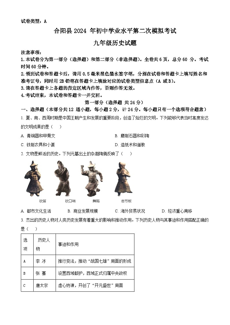 2024年陕西省渭南市合阳县九年级二模历史试题（原卷版+解析版）01