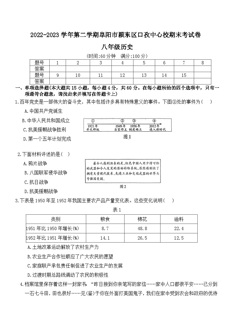 安徽省阜阳市颍东区口孜中心校2022-2023学年八年级下学期期末考试历史试题第1页