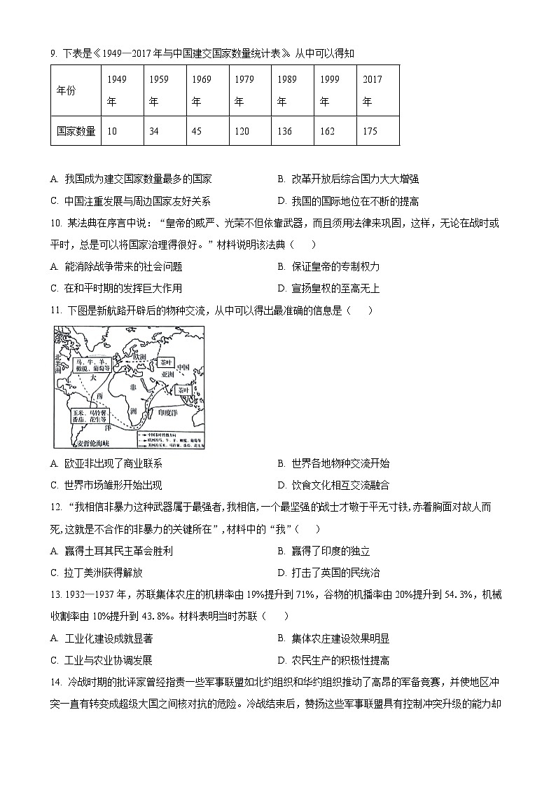 2024年安徽省淮南市凤台县部分学校联考中考三模历史试题（原卷版+解析版）03