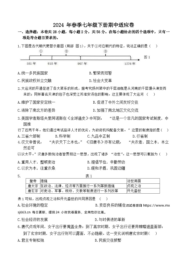 119，福建省安溪蓝溪中学2023-2024学年七年级下学期历史期中适应卷01