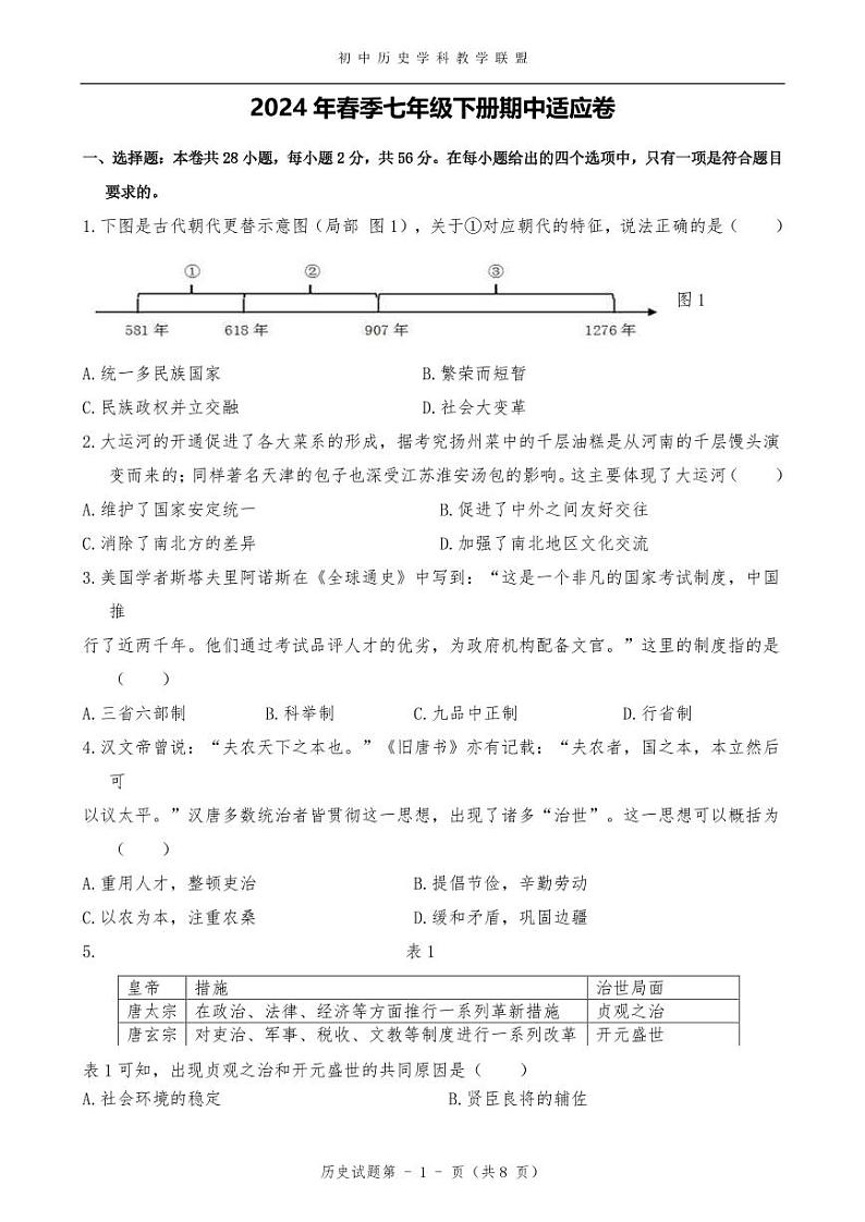 125，福建省安溪蓝溪中学2023-2024学年七年级下学期历史期中适应卷01