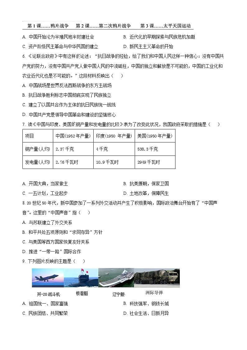 湖北省谷城县2024年中考一模历史试题（原卷版+解析版）02