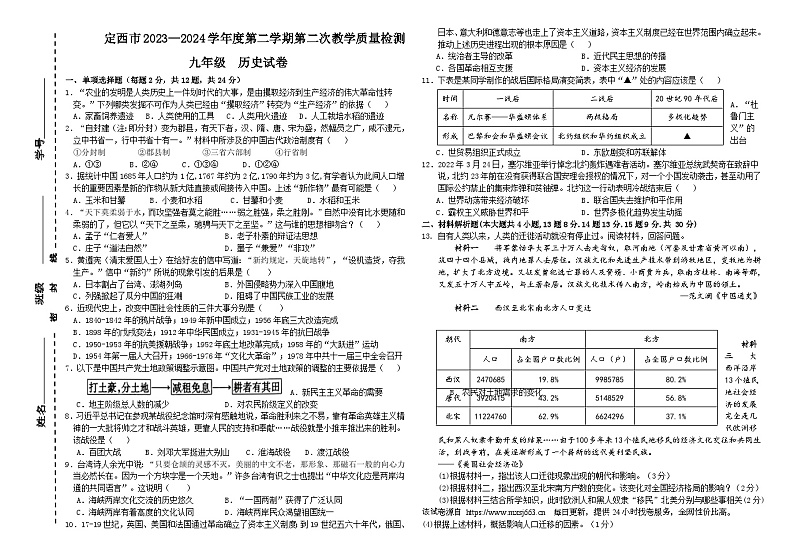 2024年甘肃省定西市中考二模历史试题01