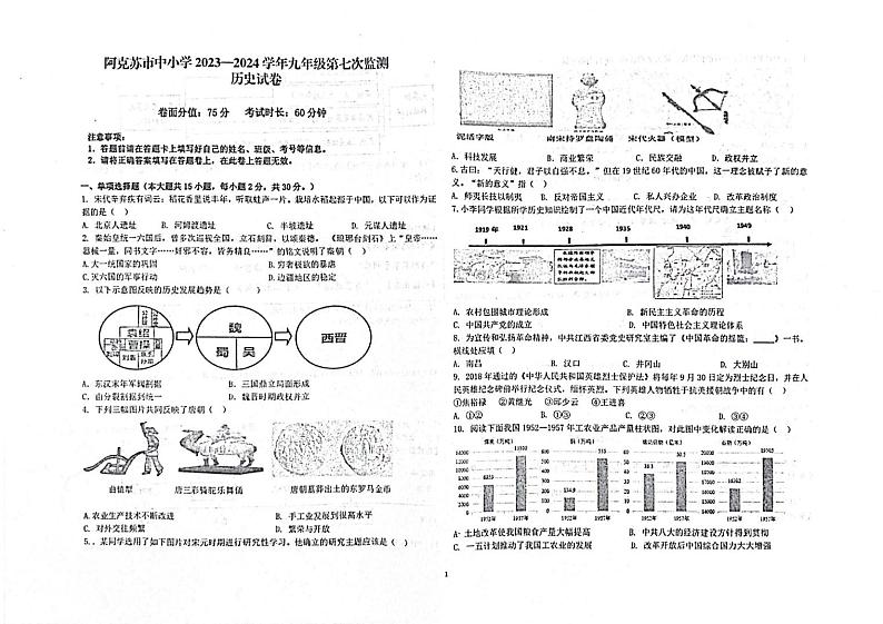 2024年新疆维吾尔自治区阿克苏地区阿克苏市九年级一模历史试题01