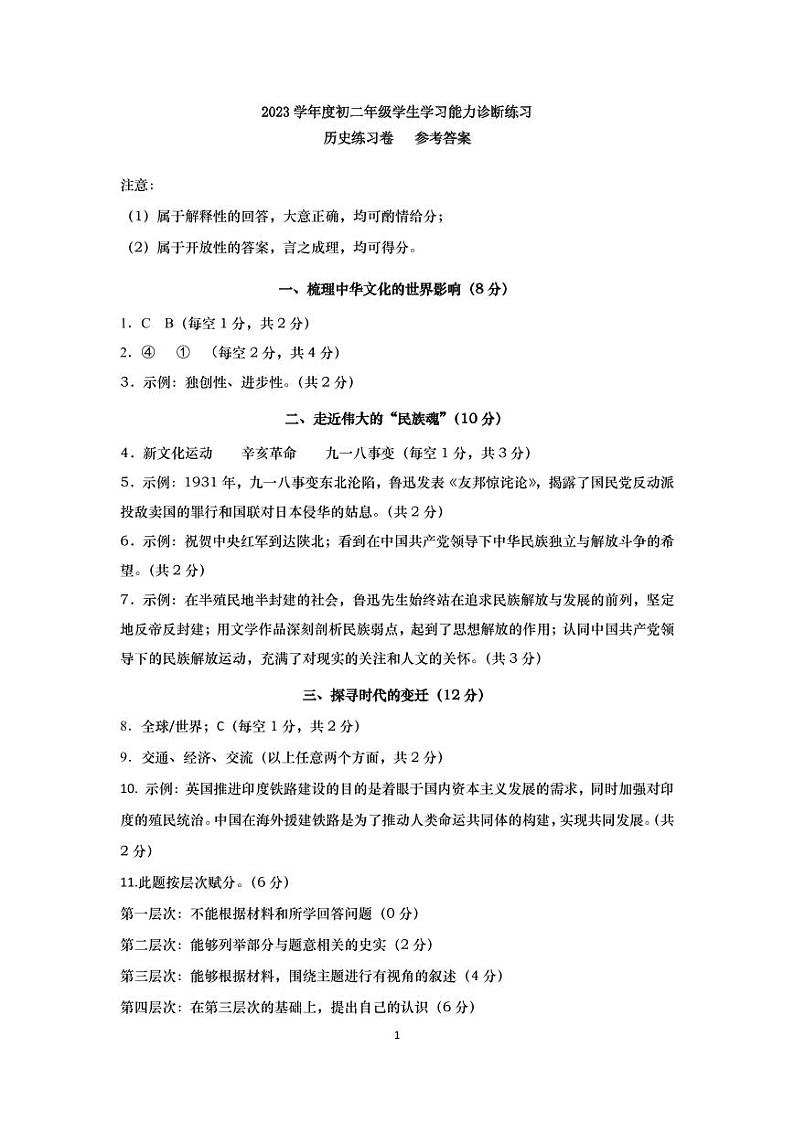 2024上海虹口初二历史会考二模卷+参考答案01