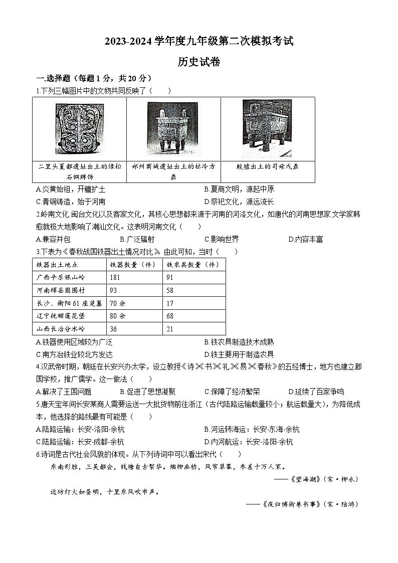 2024年河南省周口市扶沟县九年级二模历史试题第1页