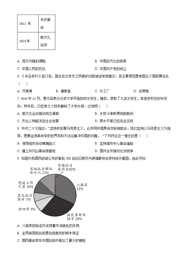2024年江苏省盐城市盐都区中考二模历史试卷（原卷版+解析版）02