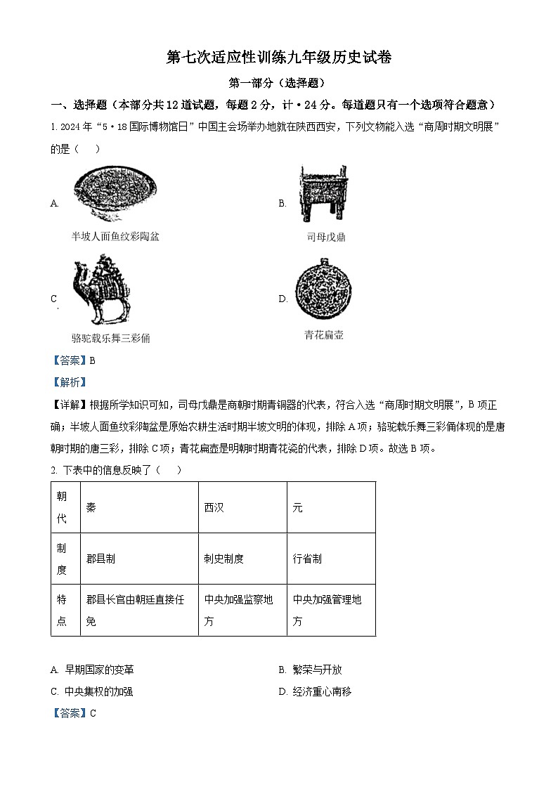 2024年陕西省西安市碑林区西安工业大学附属中学中考第七次适应性训练历史试卷（解析版）第1页