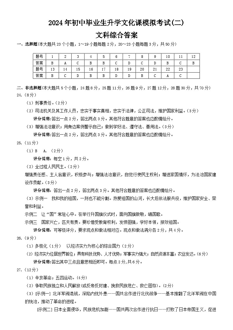 2024年河北省邢台市信都区九年级中考二模道德与法治•历史试题01
