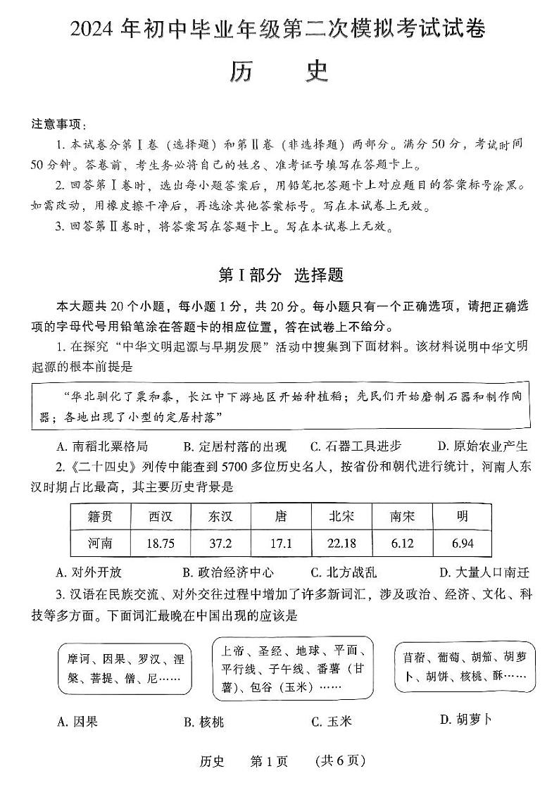 2024年河南省濮阳市九年级中考二模历史试题及参考答案01