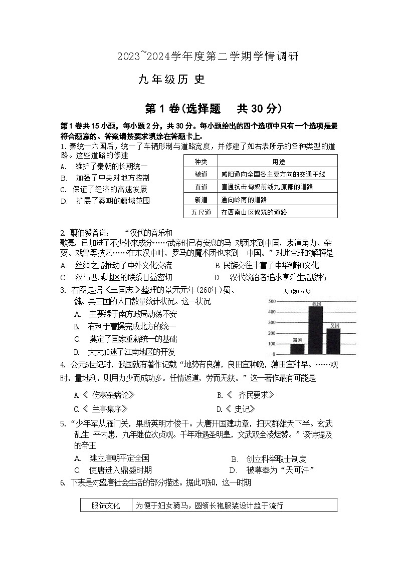 2024年江苏省南通市海门区中考二模历史试卷01