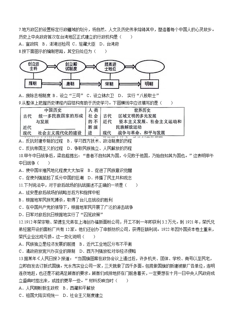 2024年江苏省泰州市高港区等2地九年级二模历史试题(无答案)第2页