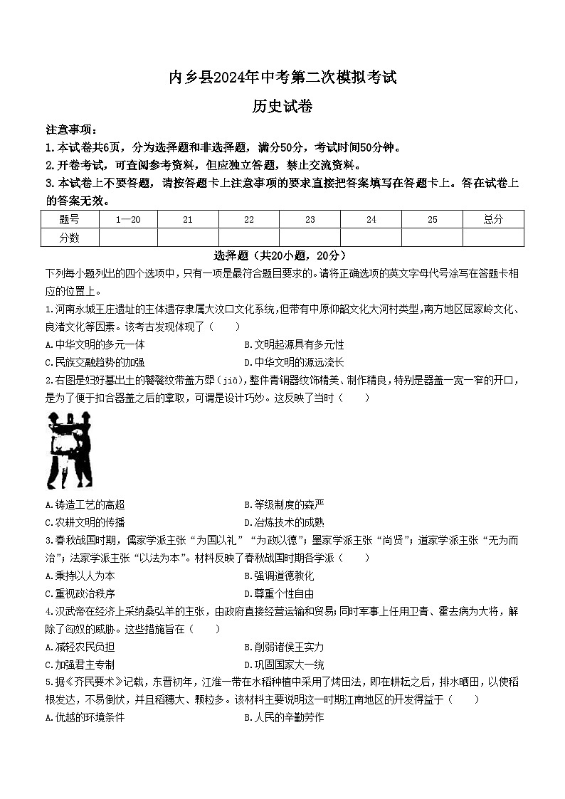 2024年河南省南阳市内乡县中考二模历史试题(无答案)01