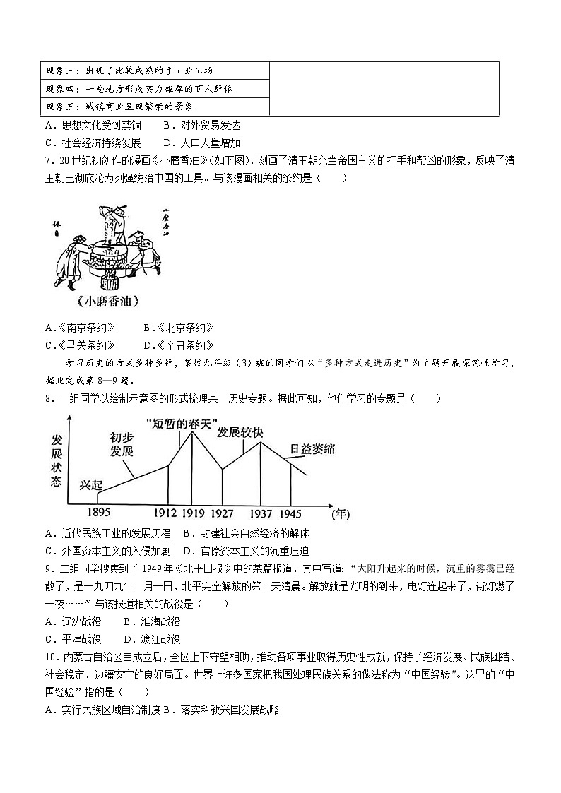 2024年山西省晋城市高平市多校中考第三次模拟历史试卷(无答案)第2页