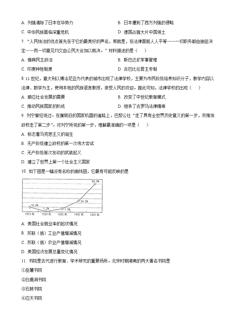 湖南省长沙市开福区青竹湖湘一外国语学校2023-2024学年九年级下学期一模历史试题（原卷版）第2页