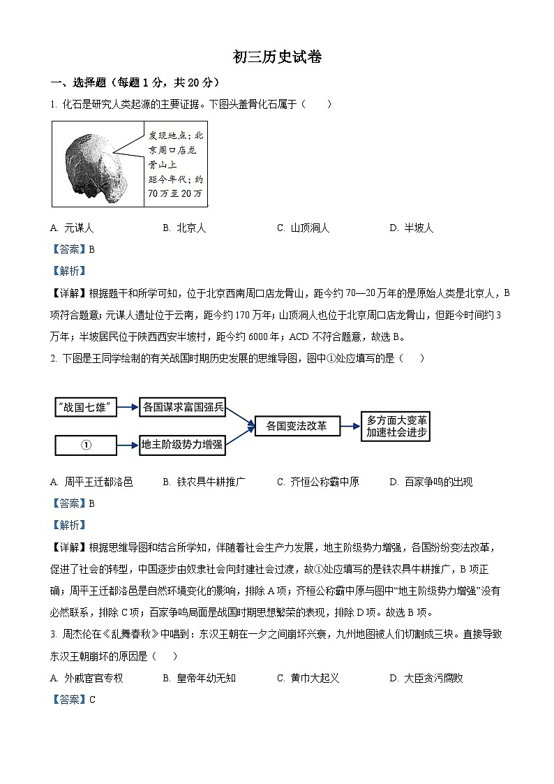 2024年江苏省盐城市鹿鸣路初级中学中考一模历史试题01