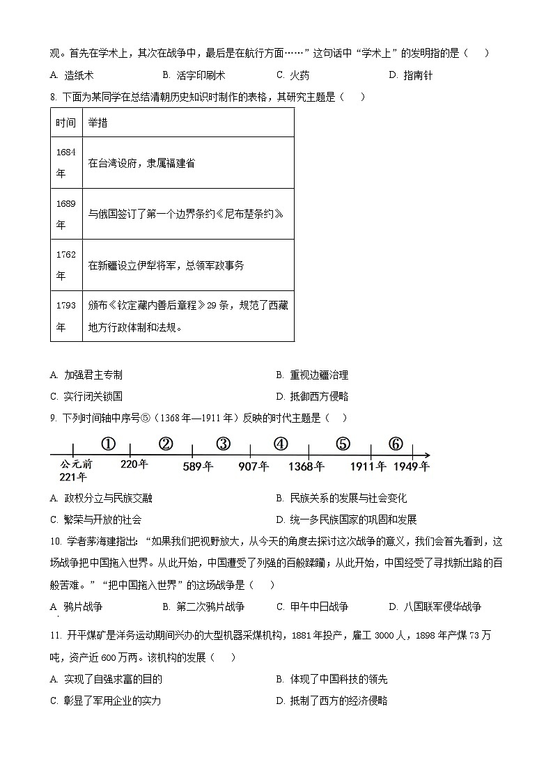 2024年江苏省连云港市赣榆外国语学校中考二模历史试题02