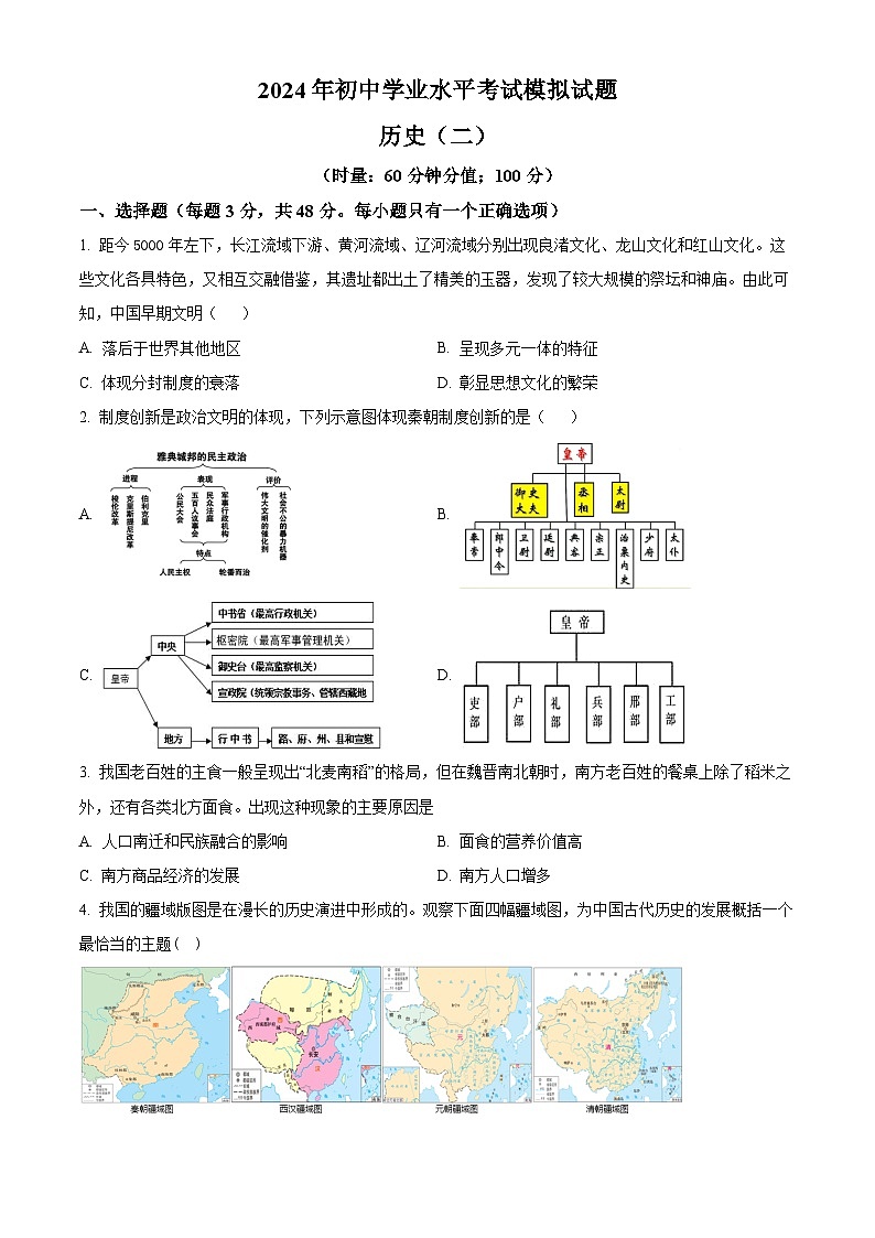2024年湖南省岳阳县中考二模历史试卷01