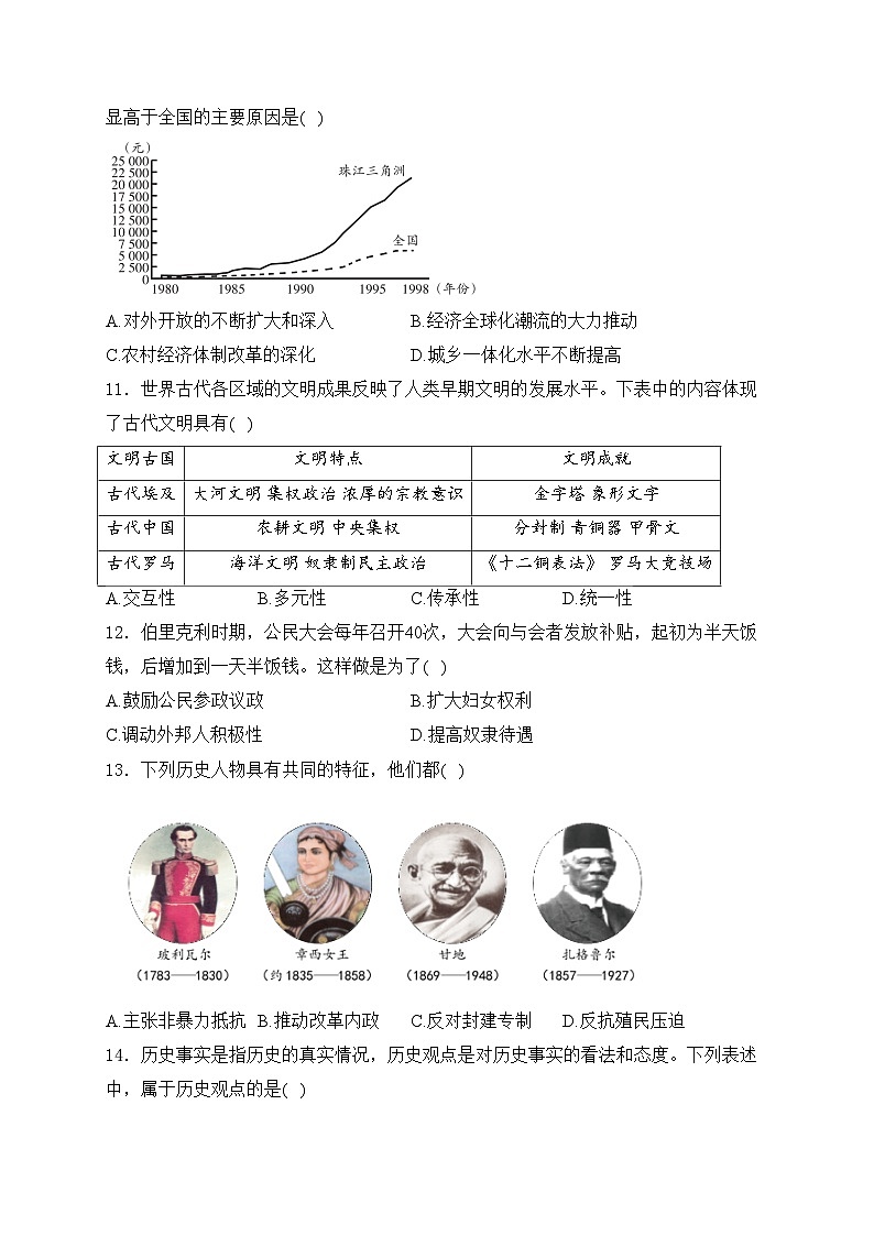 湖南省常德市安乡县2024届九年级下学期中考一模历史试卷(含答案)03