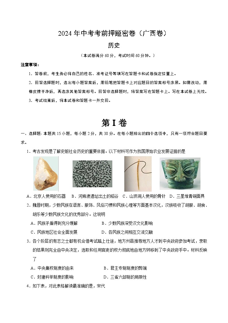 2024年中考考前历史押题密卷（广西卷）01