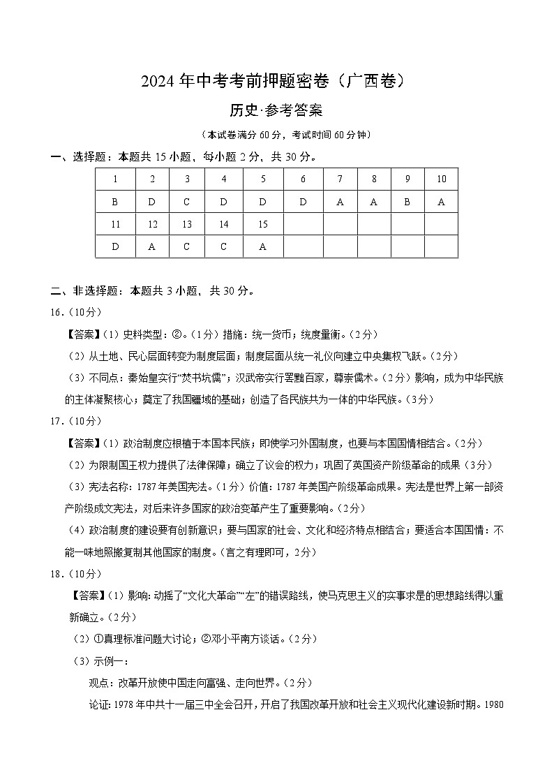 2024年中考考前历史押题密卷（广西卷）01