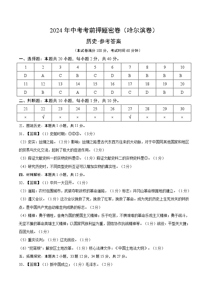 2024年中考考前历史押题密卷（哈尔滨卷）01