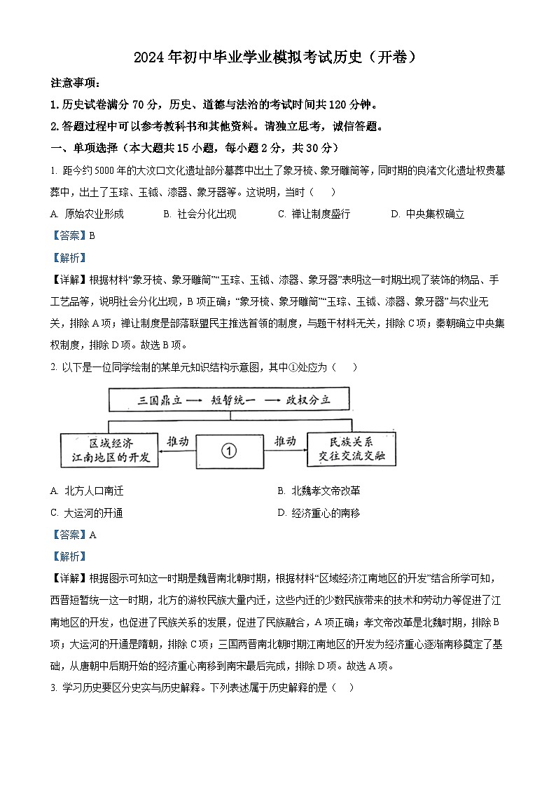 2024年安徽省黄山市中考二模历史试题（解析版）第1页