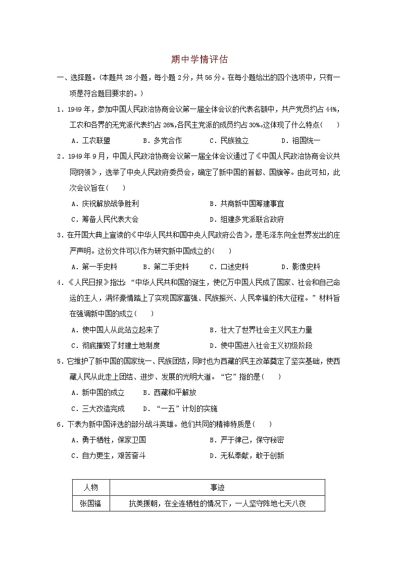 福建省2024八年级历史下学期期中学情评估试卷（附答案人教版）第1页