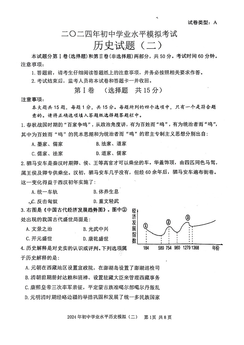 2024年山东省泰安市东平县（五四学制）中考二模历史试题01