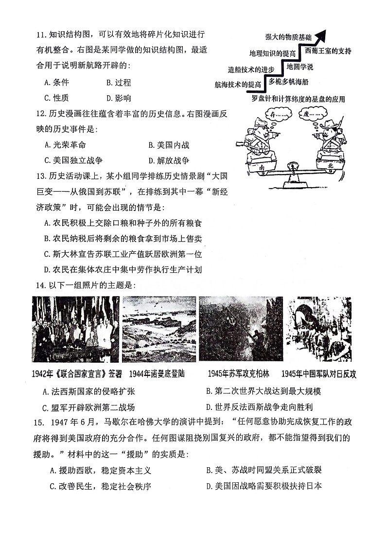 2024年山东省泰安市东平县（五四学制）中考二模历史试题03