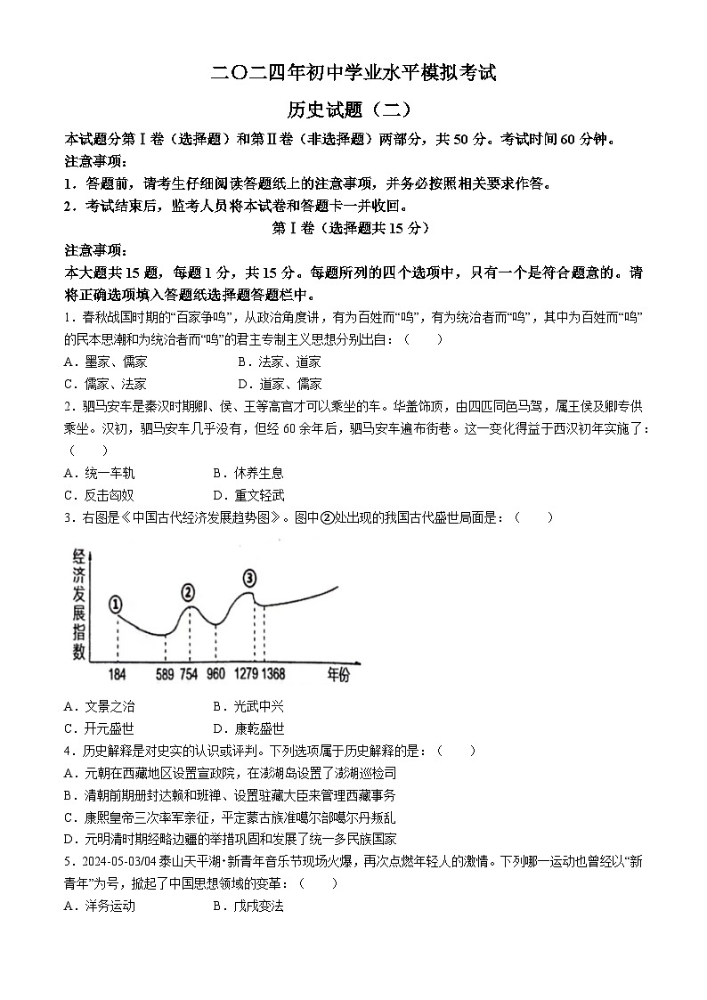 2024年山东省泰安市东平县（五四学制）中考二模历史试题(无答案)第1页