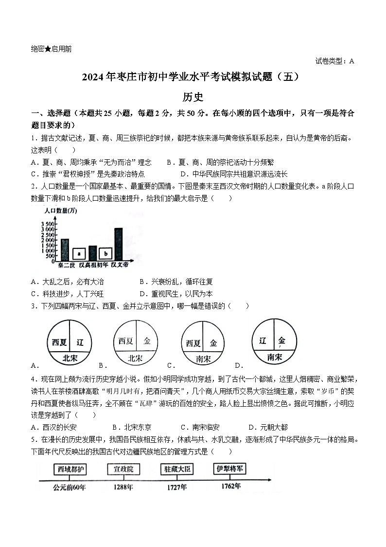 2024年山东省枣庄市山亭区翼云中学中考模拟考试（五）历史试卷(无答案)01