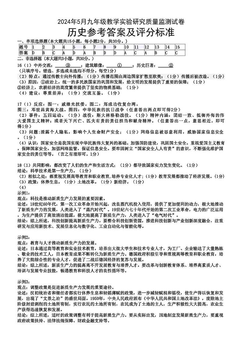 2024年广西柳州市柳南区中考三模历史试题01