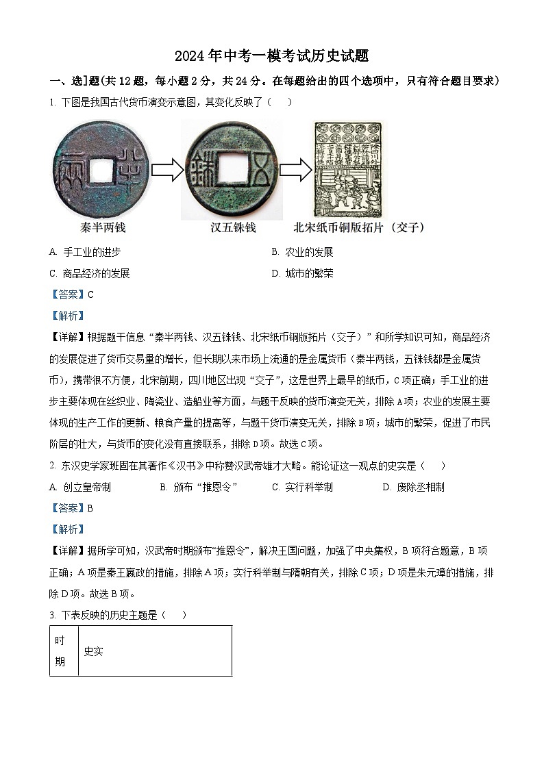 2024年湖北省来凤县中考一模考试历史试题（原卷版+解析版）01