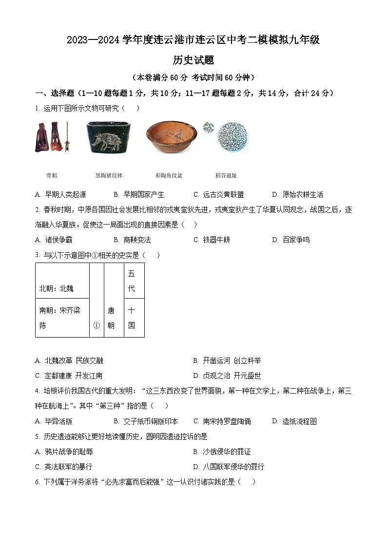 2024年江苏省连云港市连云区中考二模历史试题（原卷版）第1页