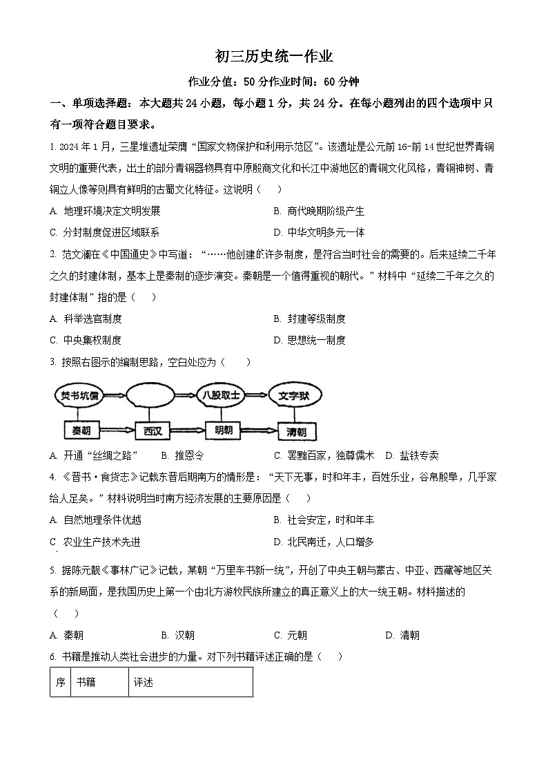 2024年江苏省无锡市滨湖区九年级二模历史考试卷（原卷版+解析版）01