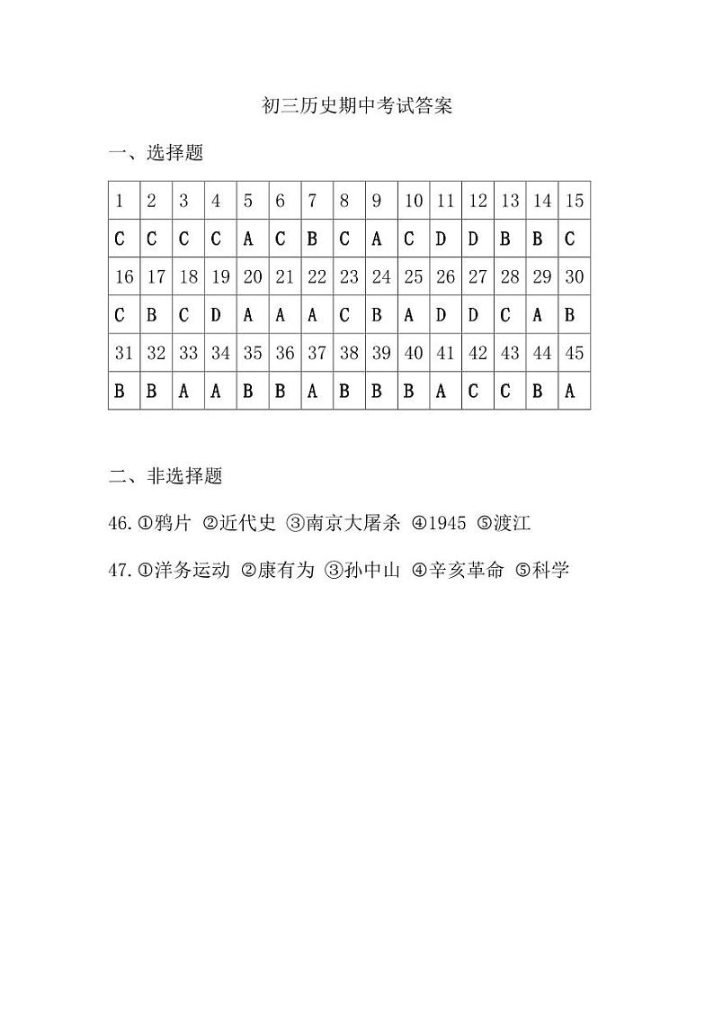 大庆市第三十六中学2023—2024学年第二学期初三历史期中考试试题01