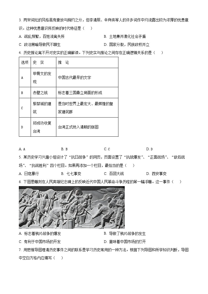 2024年湖南省益阳市沅江市三校联考中考二模历史试题（原卷版）第2页
